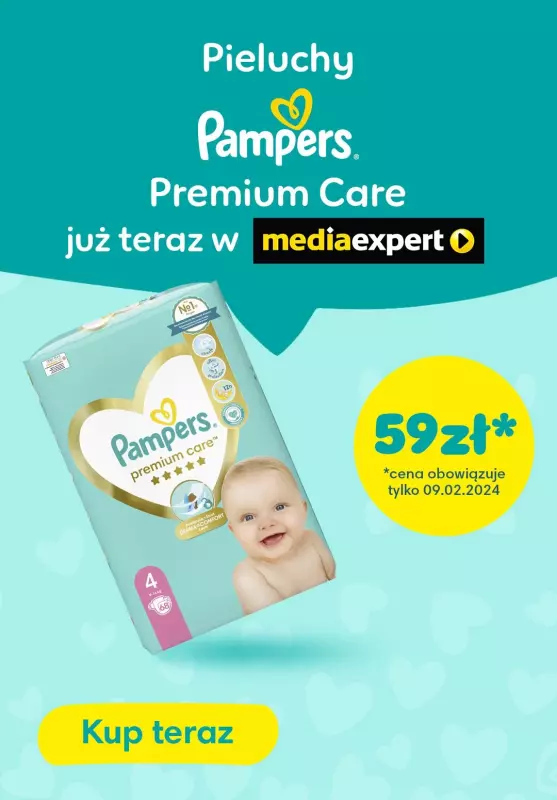  Pampers - gazetka promocyjna Pampers Premium Care za 59zł w mediaexpert! od piątku 09.02 do piątku 09.02
