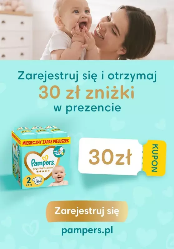  Pampers - gazetka promocyjna Zarejestruj się i otrzymaj 30zł zniżki w prezencie od soboty 01.06 do niedzieli 30.06