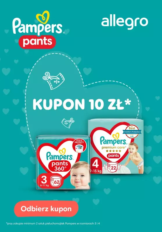  Pampers - gazetka promocyjna Odbierz kupon 10zł przy zakupie 2 opakowań na Allegro od soboty 01.06 do niedzieli 30.06