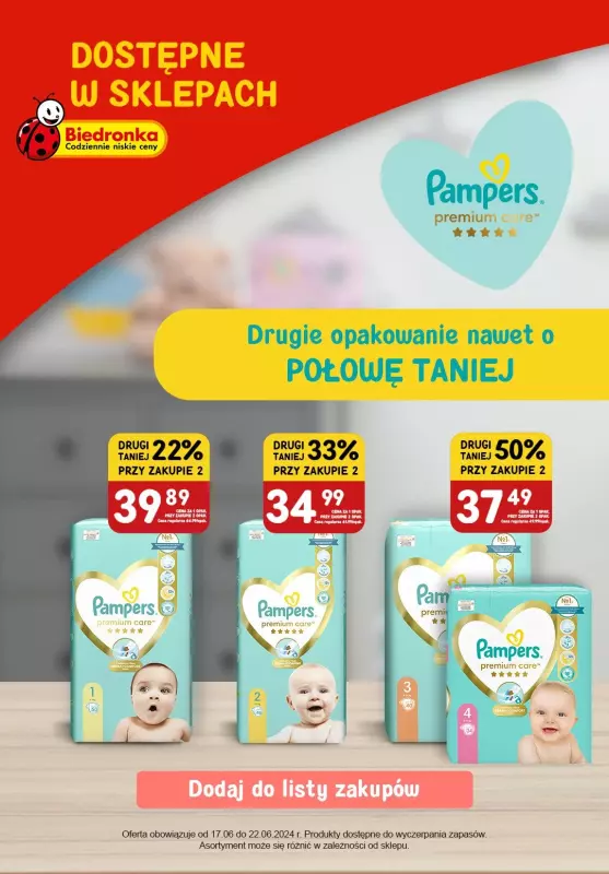  Pampers - gazetka promocyjna Dowiedz się więcej o Pampers Premium Care od poniedziałku 17.06 do soboty 22.06