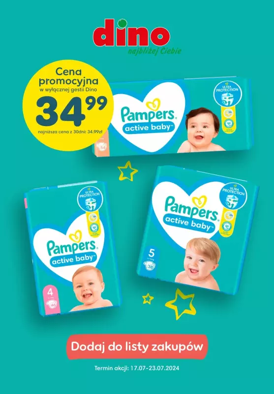  Pampers - gazetka promocyjna Kup Pampers Active Baby w promocyjnej cenie w Dino! od poniedziałku 22.07 do wtorku 23.07