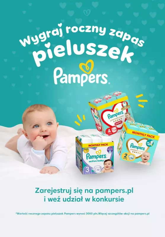  Pampers - gazetka promocyjna Zarejestruj się na Pampers i wygraj roczny zapas pieluszek! od czwartku 01.08 do soboty 31.08