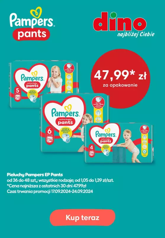  Pampers - gazetka promocyjna Pampers Pants Active Baby w supercenie w Dino od wtorku 17.09 do wtorku 24.09