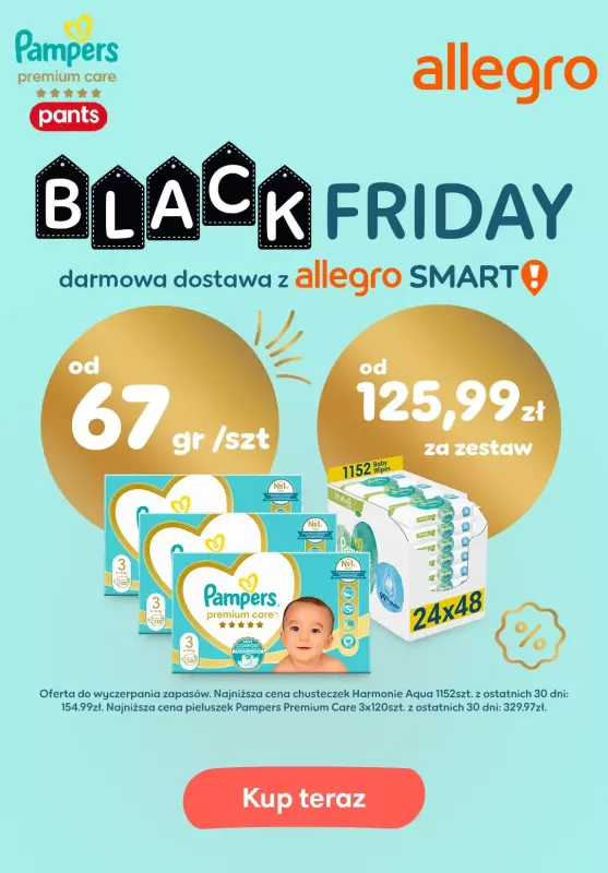  Pampers - gazetka promocyjna Black Friday z Pampers! Już od 67gr za sztukę! od wtorku 12.11 do soboty 30.11