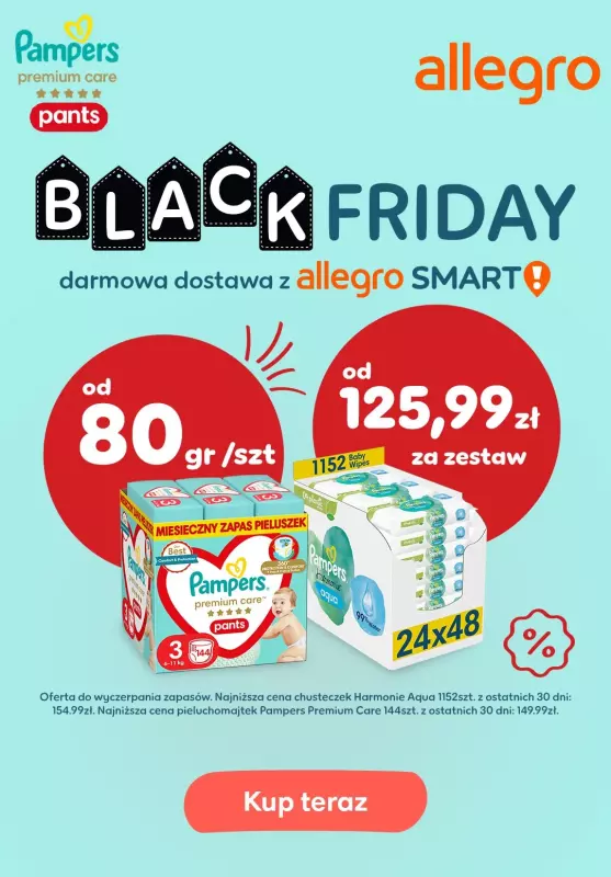  Pampers - gazetka promocyjna Black Friday z Pampers! Darmowa dostawa z Allegro SMART! od środy 13.11 do soboty 30.11