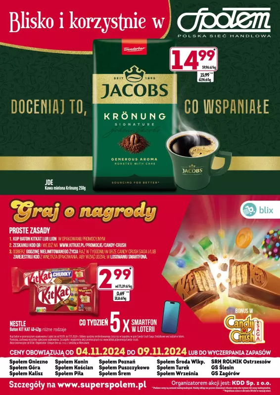 Społem - Blisko i Korzystnie - gazetka promocyjna Plakat promocyjny od poniedziałku 04.11 do soboty 09.11