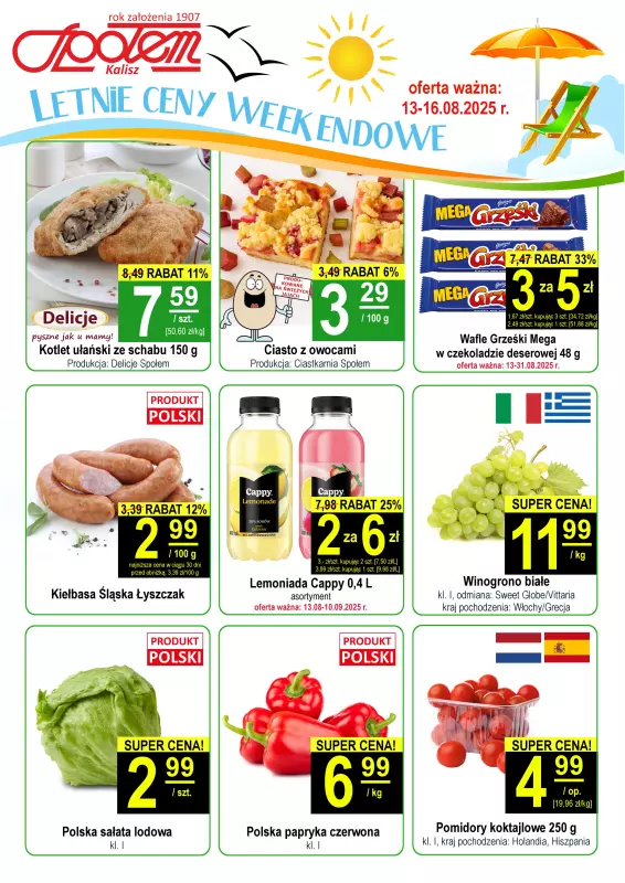 Społem - Blisko i Korzystnie - gazetka promocyjna Plakat promocyjny PSS Kalisz od środy 13.08 do soboty 16.08