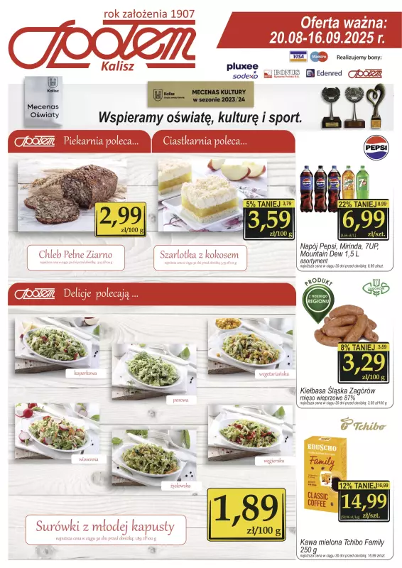 Społem - Blisko i Korzystnie - gazetka promocyjna Gazetka PSS Kalisz od środy 20.08 do wtorku 16.09