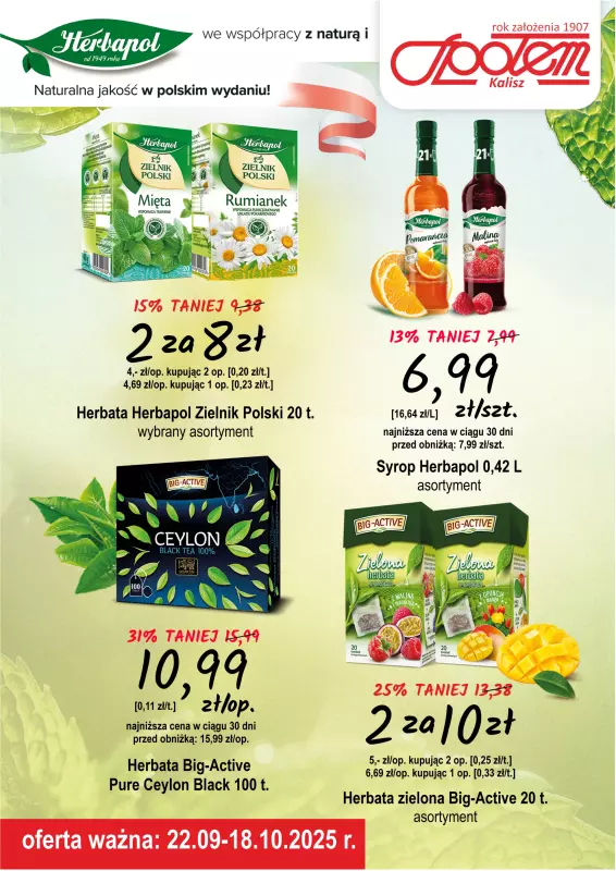 Społem - Blisko i Korzystnie - gazetka promocyjna Plakat promocyjny PSS Kalisz od poniedziałku 22.09 do soboty 18.10