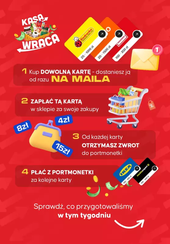 $Kasa wraca - gazetka promocyjna Kupuj karty i odbieraj zwroty! od poniedziałku 18.08 do niedzieli 24.08