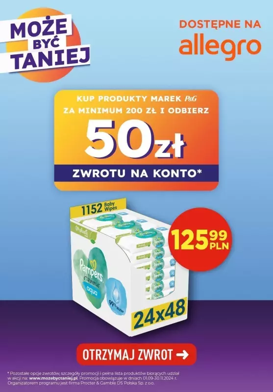 Cashback P&G - Może być taniej - gazetka promocyjna Pampers na Allegro - Może być taniej! od czwartku 21.11 do soboty 23.11