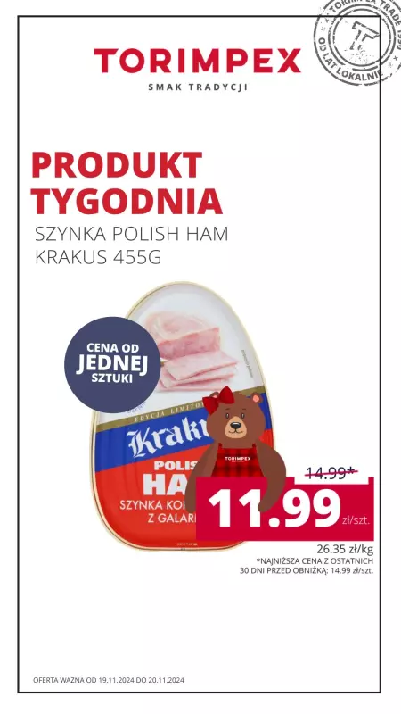 Torimpex Toruńska Sieć Sklepów Spożywczych - gazetka promocyjna Produkt tygodnia  do środy 20.11