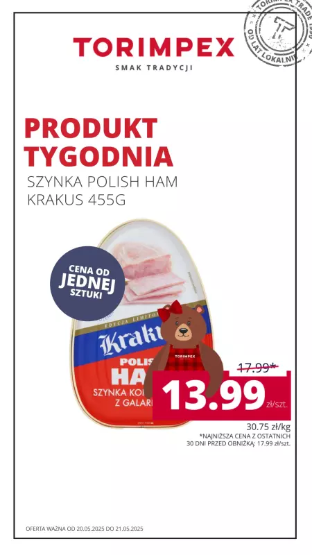 Torimpex Toruńska Sieć Sklepów Spożywczych - gazetka promocyjna Produkt Tygodnia  do środy 21.05