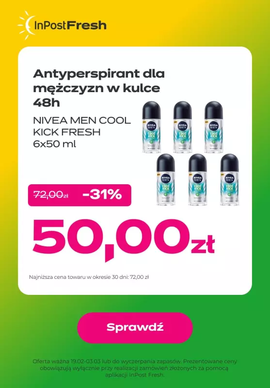 InPost Fresh - zakupy online - gazetka promocyjna Antyperspirant dla mężczyzn w kulce (6sztuk) od środy 21.02 do niedzieli 03.03