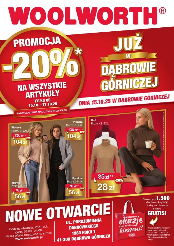 Woolworth - gazetka promocyjna WIELKIE OTWARCIE! DĄBROWA GÓRNICZA, ul.Porozumienia Dąbrowskiego 1980 od środy 15.10 do piątku 17.10