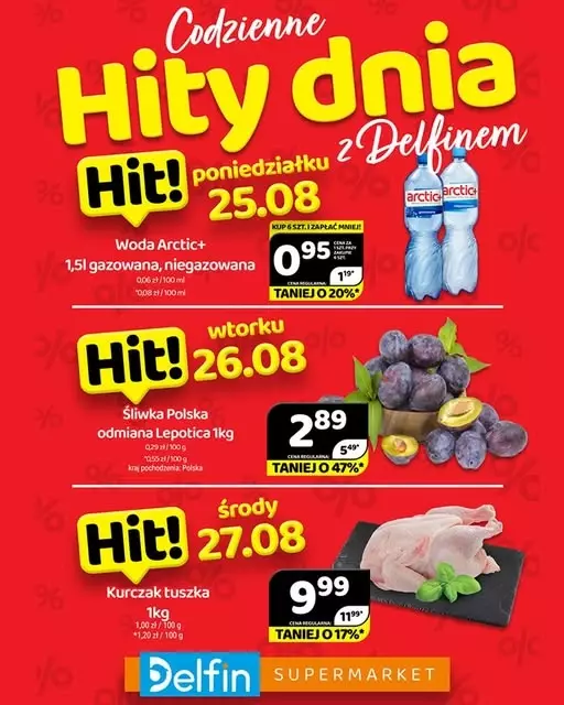 Delfin - gazetka promocyjna Codzienne hity dnia od poniedziałku 25.08 do środy 27.08