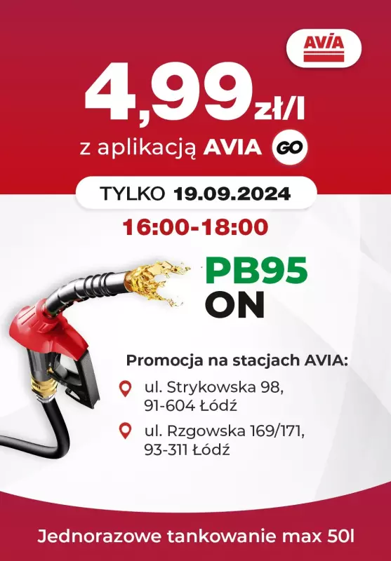 Avia Stacje Paliw - gazetka promocyjna EXTRA CENA paliwo 4,99 zł/l od poniedziałku 16.09 do czwartku 19.09