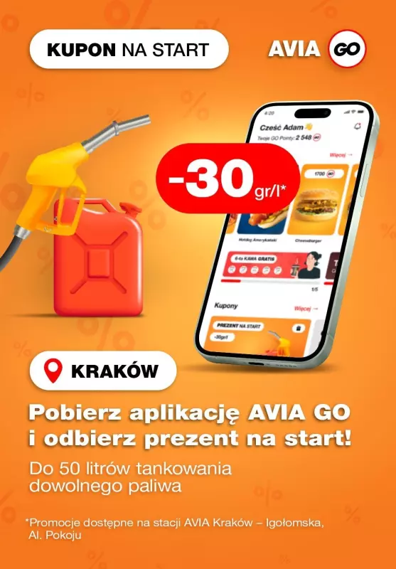 Avia Stacje Paliw - gazetka promocyjna Kupon na start! -30gr/l od czwartku 24.10 do czwartku 24.10