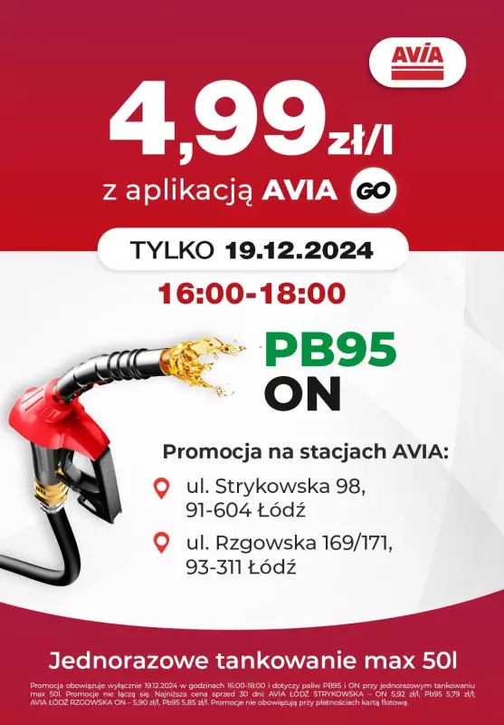 Avia Stacje Paliw - gazetka promocyjna EXTRA CENA paliwo 4,99 zł/l od czwartku 19.12 do czwartku 19.12