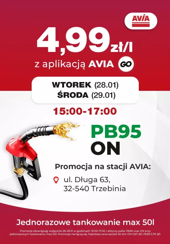 Avia Stacje Paliw - gazetka promocyjna EXTRA CENA paliwo 4,99 zł/l od wtorku 28.01 do środy 29.01