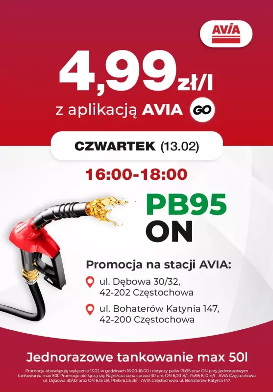 AVIA Stacje Paliw - gazetka promocyjna EXTRA CENA paliwo 4,99 zł/l od czwartku 13.02 do czwartku 13.02