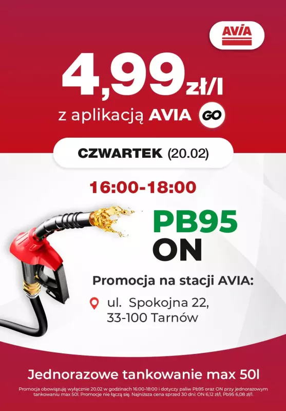 AVIA Stacje Paliw - gazetka promocyjna EXTRA CENA paliwo 4,99 zł/l od czwartku 20.02 do czwartku 20.02