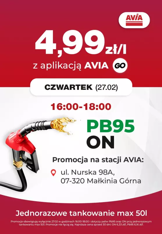 AVIA Stacje Paliw - gazetka promocyjna EXTRA CENA paliwo 4,99 zł/l od czwartku 27.02 do czwartku 27.02