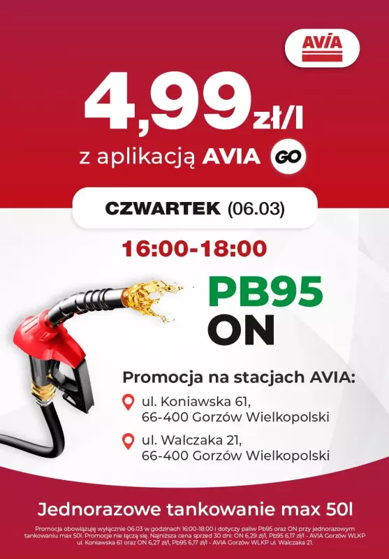 AVIA Stacje Paliw - gazetka promocyjna EXTRA CENA paliwo 4,99 zł/l! od czwartku 06.03 do czwartku 06.03