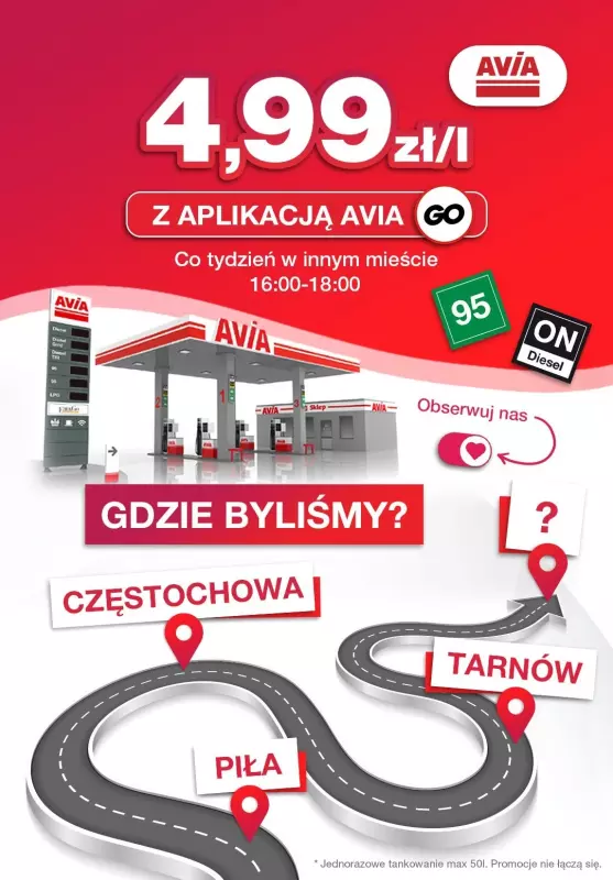AVIA Stacje Paliw - gazetka promocyjna Paliwo za 4,99 zł/l! od poniedziałku 05.05 do soboty 31.05