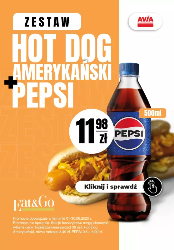 AVIA Stacje Paliw - gazetka promocyjna Promocja Hot dog + Pepsi od niedzieli 01.06 do poniedziałku 30.06