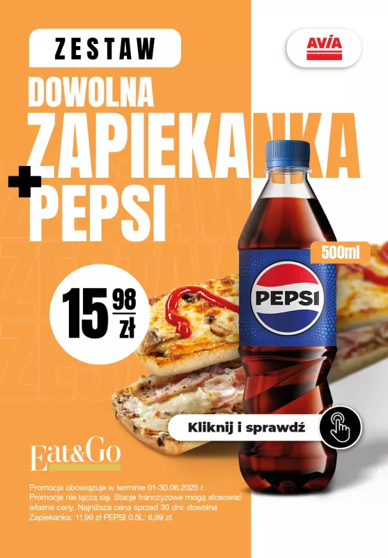 AVIA Stacje Paliw - gazetka promocyjna Promocja zapiekanka + Pepsi od niedzieli 01.06 do poniedziałku 30.06