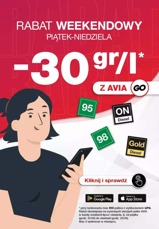 AVIA Stacje Paliw - gazetka promocyjna Rabat weekendowy od piątku 27.06 do niedzieli 31.08