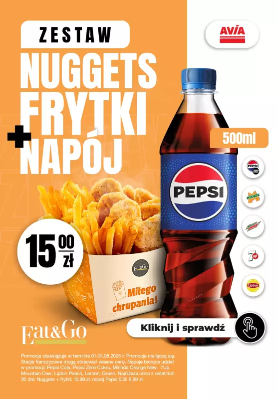 AVIA Stacje Paliw - gazetka promocyjna Zestaw Nuggets Frytki + Napój od piątku 01.08 do niedzieli 31.08