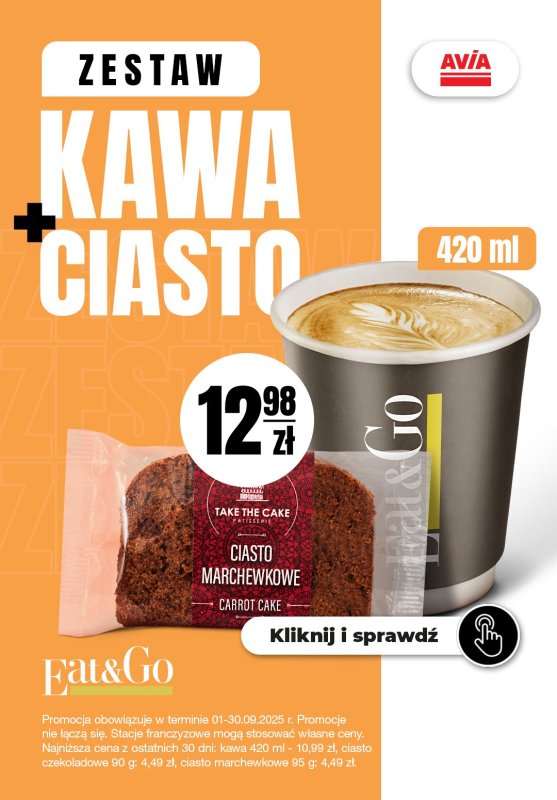 AVIA Stacje Paliw - gazetka promocyjna Kawa + ciasto od poniedziałku 01.09 do wtorku 30.09