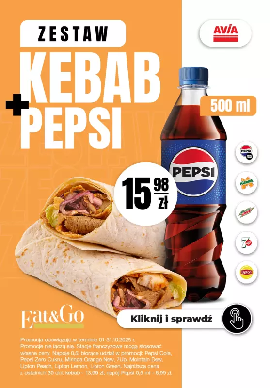 AVIA Stacje Paliw - gazetka promocyjna Kebab + Pepsi od środy 01.10 do piątku 31.10