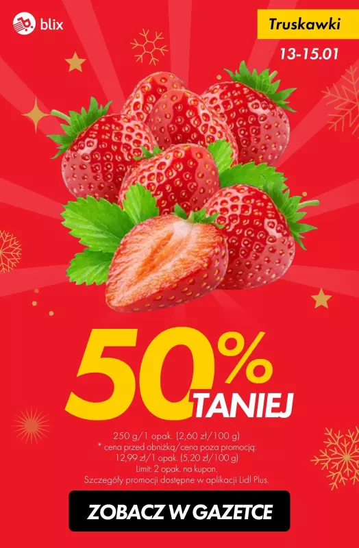 #TOP produkty - gazetka promocyjna Truskawki 50% taniej od poniedziałku 13.01 do środy 15.01