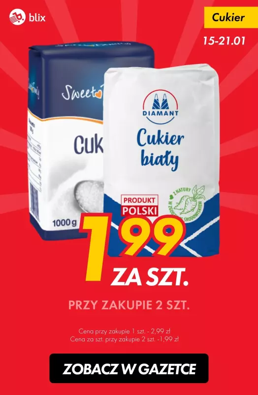 #TOP produkty - gazetka promocyjna Cukier za 1,99 zł przy zakupie 2 szt. od środy 15.01 do wtorku 21.01