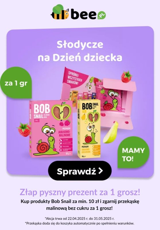 Bee.pl - gazetka promocyjna Złap przekąskę malinową bez cukru Bob Snail za 1 grosz! od poniedziałku 28.04 do soboty 31.05