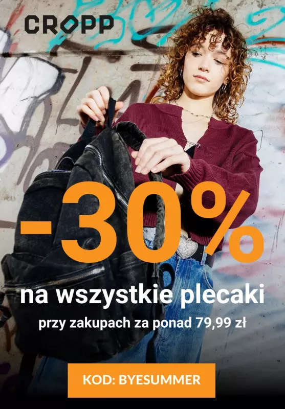 Cropp - gazetka promocyjna -30% na wszystkie plecaki od czwartku 22.08 do niedzieli 01.09