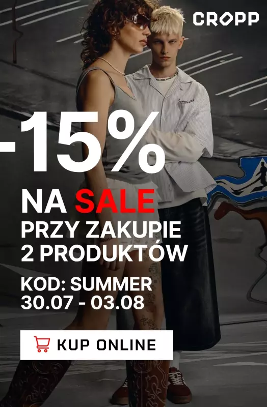 Cropp - gazetka promocyjna -15% na SALE przy zakupie 2 produktów od środy 30.07 do niedzieli 03.08