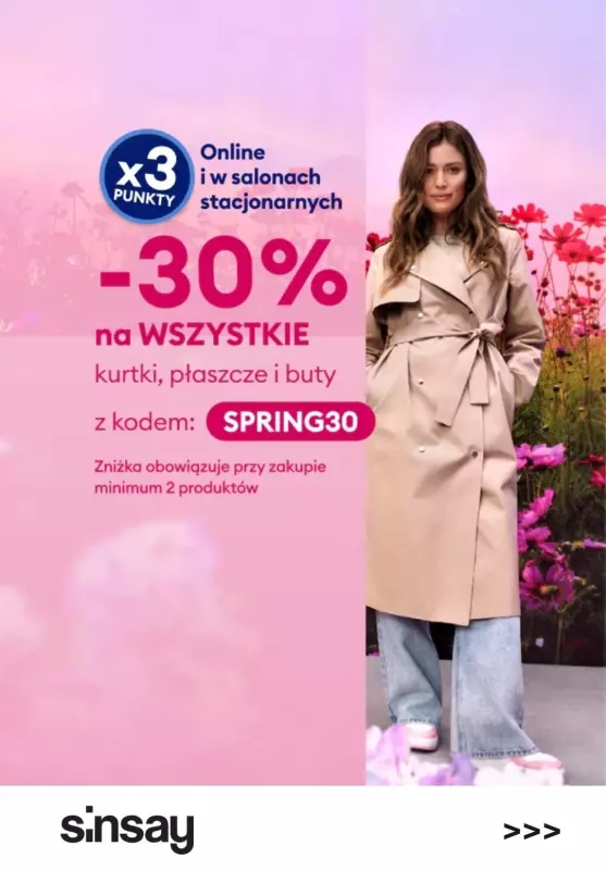 Sinsay - gazetka promocyjna -30% na wszystkie kurtki, płaszcze i buty z KODEM od piątku 12.04 do poniedziałku 15.04