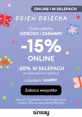 Sinsay - gazetka promocyjna RABAT na całą strefę dziecko i zabawki od piątku 30.05 