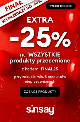 Sinsay - gazetka promocyjna EXTRA -25% na SALE przy zakupie min. 5 produktów nieprzecenionych od wtorku 12.08 do poniedziałku 01.09