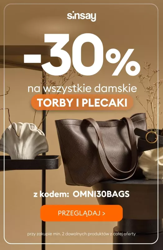 Sinsay - gazetka promocyjna -30% na damskie TOREBKI i PLECAKI przy zakupie 2 szt. od poniedziałku 22.09 do niedzieli 05.10