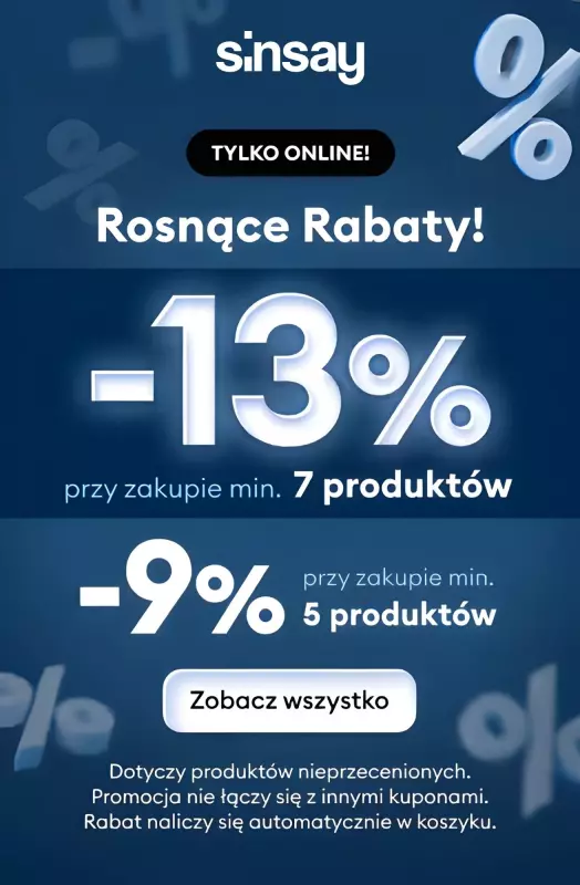 Sinsay - gazetka promocyjna -9% 5 produktów LUB -13% 7 produktów! Rosnące rabaty! od poniedziałku 06.10 do środy 08.10