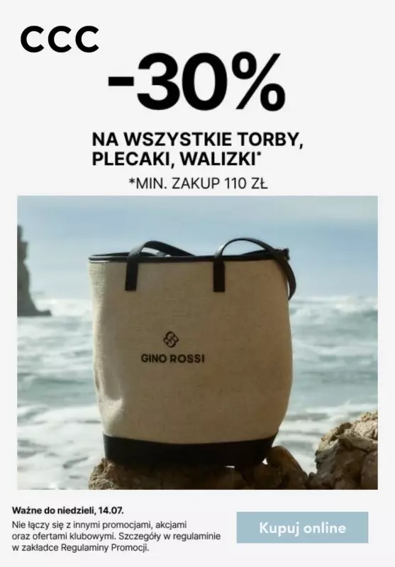 CCC - gazetka promocyjna -30% na wszystkie torby, plecaki i walizki od środy 10.07 do niedzieli 14.07