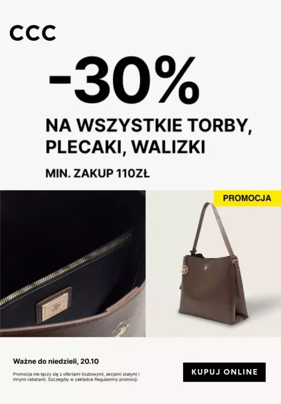 CCC - gazetka promocyjna -30% na wszystkie torby, plecaki i walizki od środy 09.10 do niedzieli 20.10