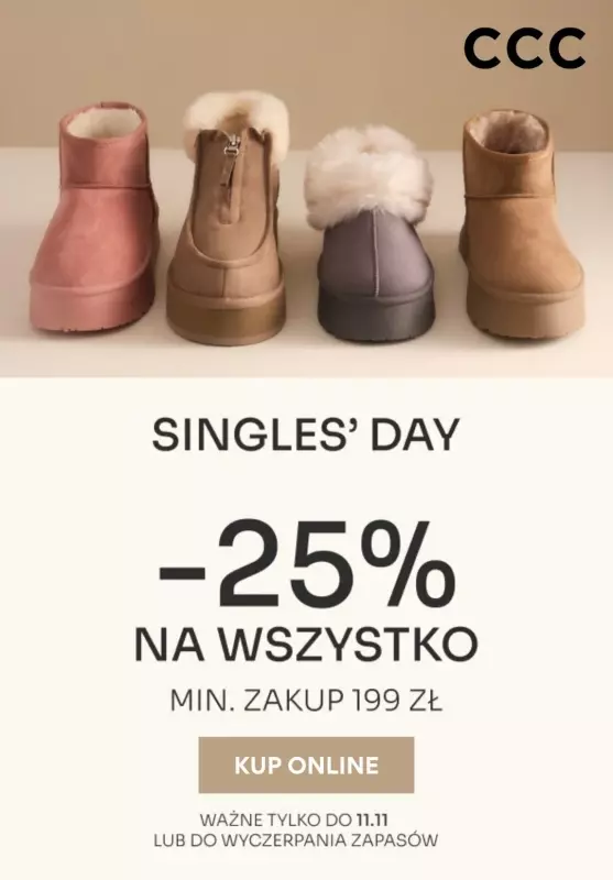 CCC - gazetka promocyjna -25% na wszystko przy zakupach za min. 199 zł od piątku 08.11 do poniedziałku 11.11