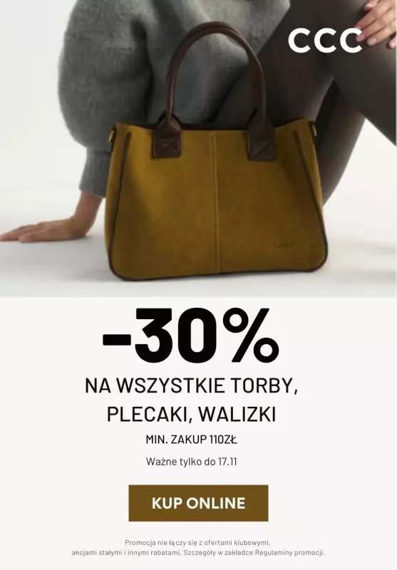 CCC - gazetka promocyjna -30% na wszystkie torby, plecaki i walizki od wtorku 12.11 do niedzieli 17.11