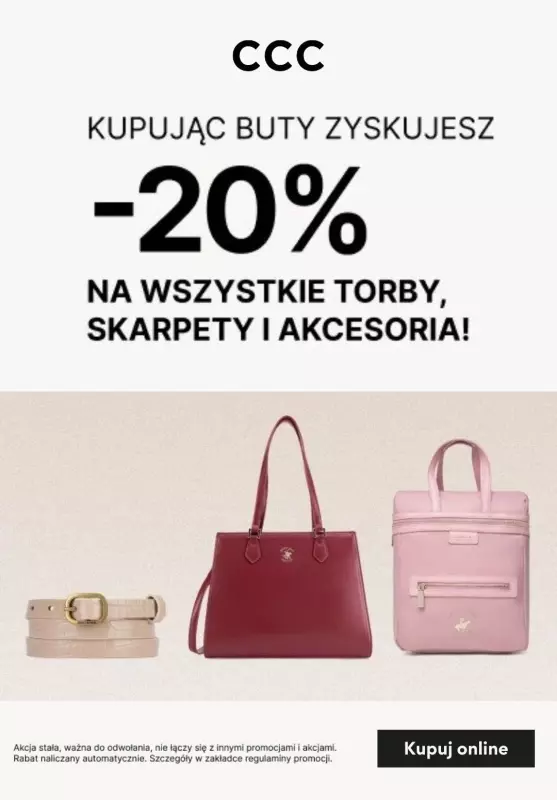 CCC - gazetka promocyjna -20% na wszystkie torby, skarpety i akcesoria przy zakupie butów od piątku 29.11 